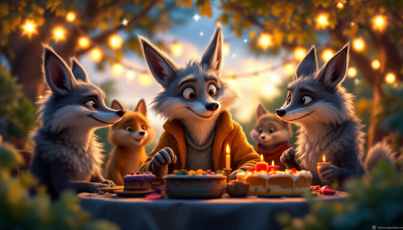 An elderly gray fox named Konrad celebrating his 50th birthday with his friends in a cozy outdoor setting, reminiscing about their past adventures in Düsseldorf, Brazil, and London. The scene features joyous celebrations, laughter, and friendship under a starlit sky.