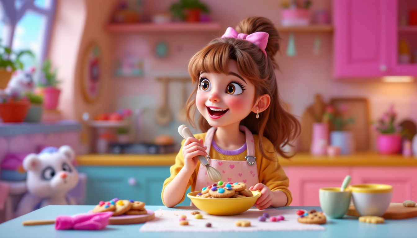 A young girl named Laura, age 12, joyfully baking cookies in a colorful kitchen, creating TikTok videos, surrounded by her friends, showcasing her determination and creativity, in a modern fairytale setting.
