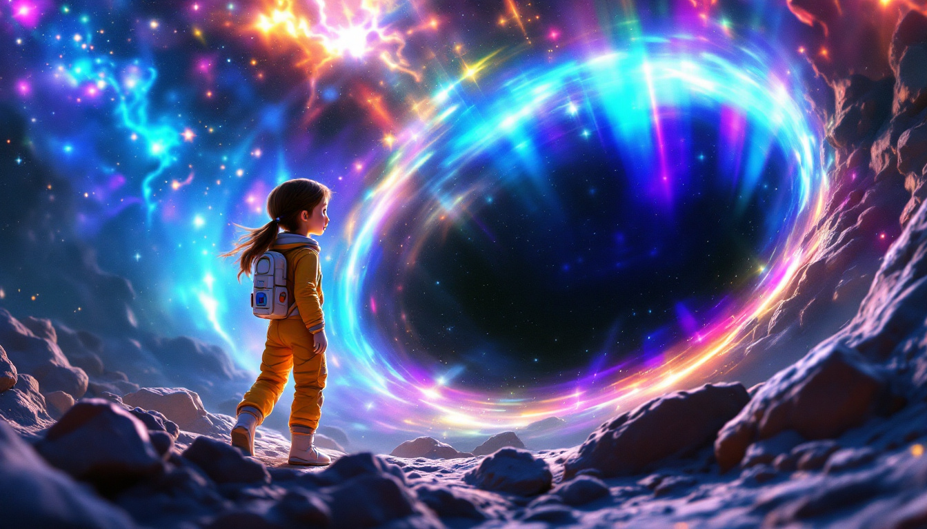 A young female astronaut named Lisa in a bright yellow space suit discovering a mysterious black hole in space emitting colorful light beams that create beautiful images. The scene showcases her excitement and curiosity as she interacts with the guardian of light.