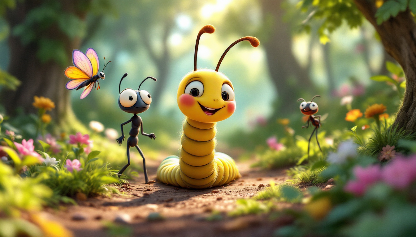 a colorful forest scene with a cheerful centipede named Timmy practicing running, surrounded by a supportive ant named Tanja and a butterfly named Max, emphasizing friendship and teamwork, while Timmy humorously stumbles over his many legs, cartoon style
