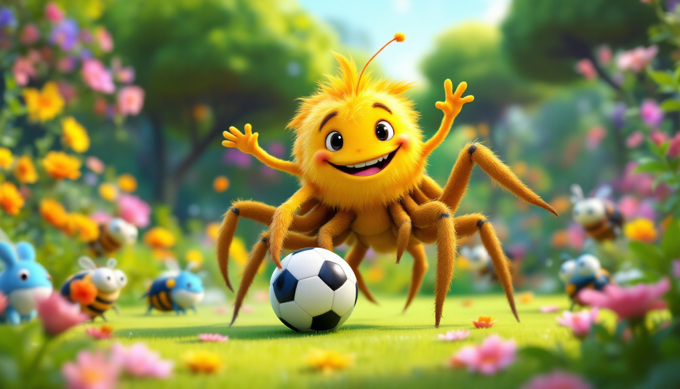 A cheerful thousand-legged creature named Timmy, dribbling a soccer ball on a colorful garden field, surrounded by cheering animal friends, during a lively soccer match against big beetles, feeling proud and confident, children’s story genre.