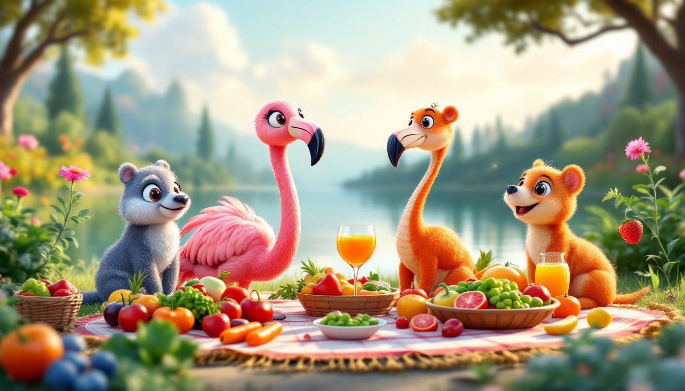 A cheerful flamingo named Fiona teaching her animal friends about healthy food at a colorful picnic by the lake, with various fruits and vegetables around, in a vibrant natural setting, children’s adventure genre.