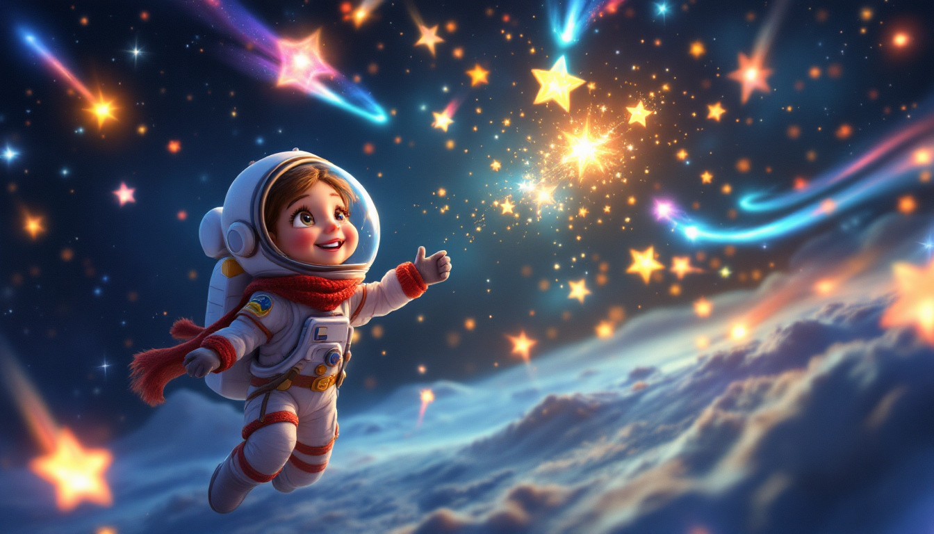 A brave astronaut girl named Nina Nebelreise celebrating Christmas in outer space, creating a glowing Christmas constellation in the sky, surrounded by colorful comets and twinkling stars, conveying a message of hope and connection to Earth, genre: children's adventure