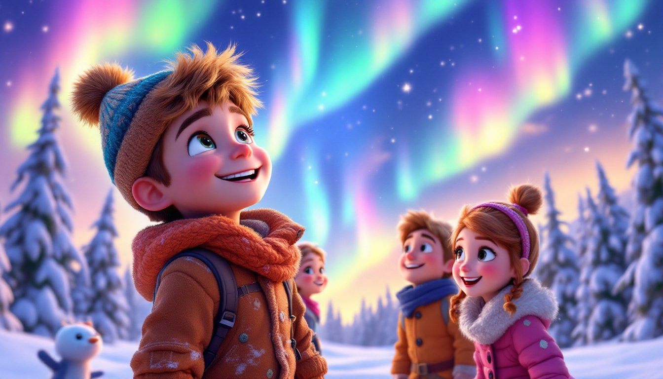 A young adventurous boy named Noah Nordlicht, bundled up in warm clothing, gazes in awe at a colorful Northern Lights display in the sky. Around him are his cheerful friends Mia, Finn, and Leena, all smiling and laughing in the snowy landscape, capturing the essence of friendship and adventure.