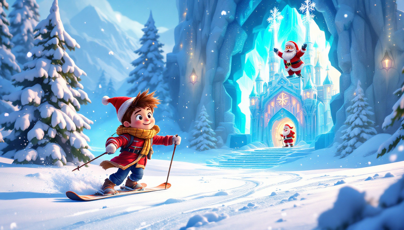 A young boy named Emil Eiswanderer and his friend Lilli skiing through a snowy landscape towards a shimmering ice palace at the North Pole, with a joyful Santa Claus welcoming them inside, adventure and discovery theme, winter wonderland.