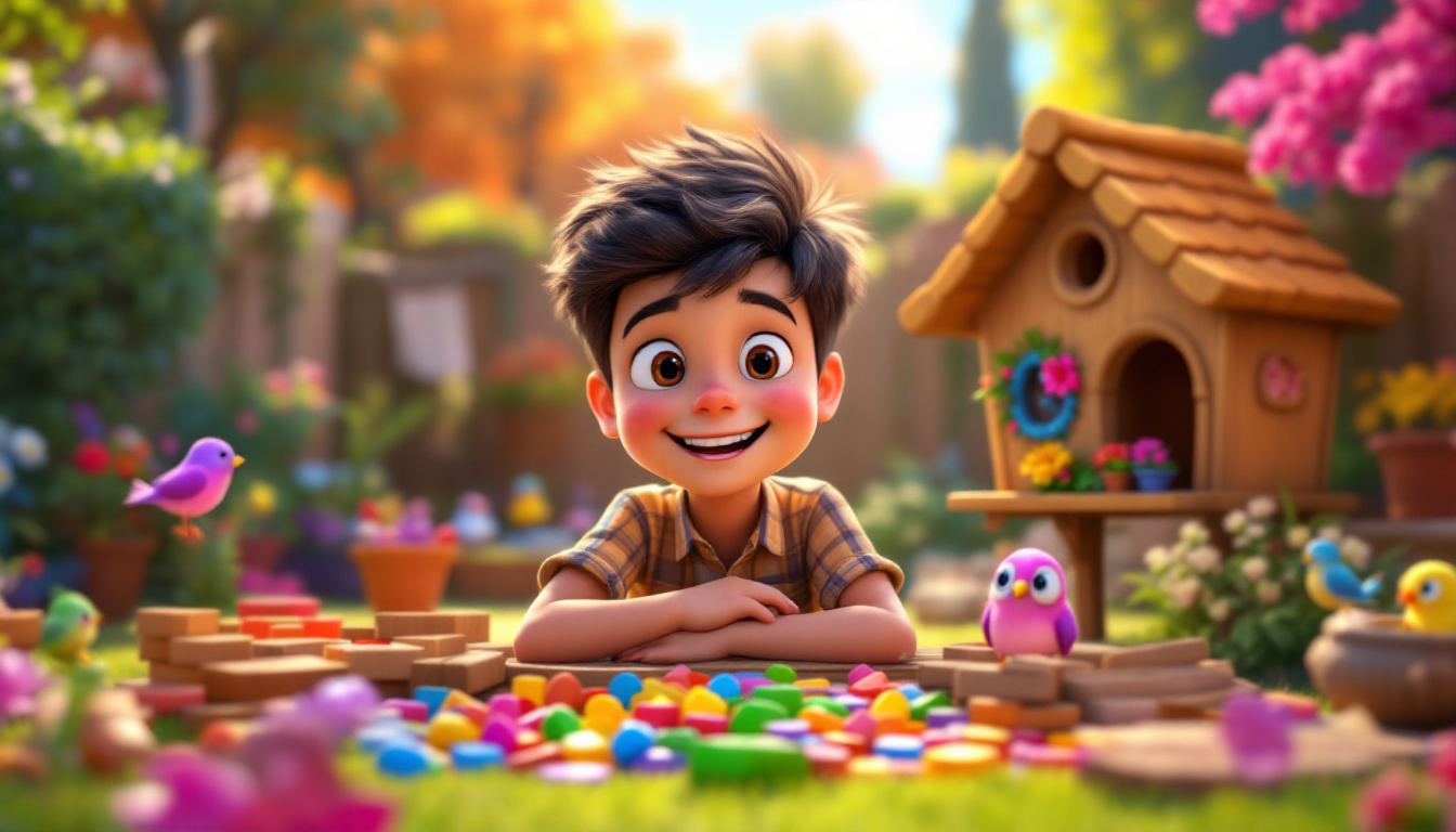 A cheerful young boy named Ben, surrounded by colorful wood pieces, creatively redesigning a birdhouse into a beautiful flower garden house, with vibrant colors and happy birds flying around, in a warm, inviting backyard setting.