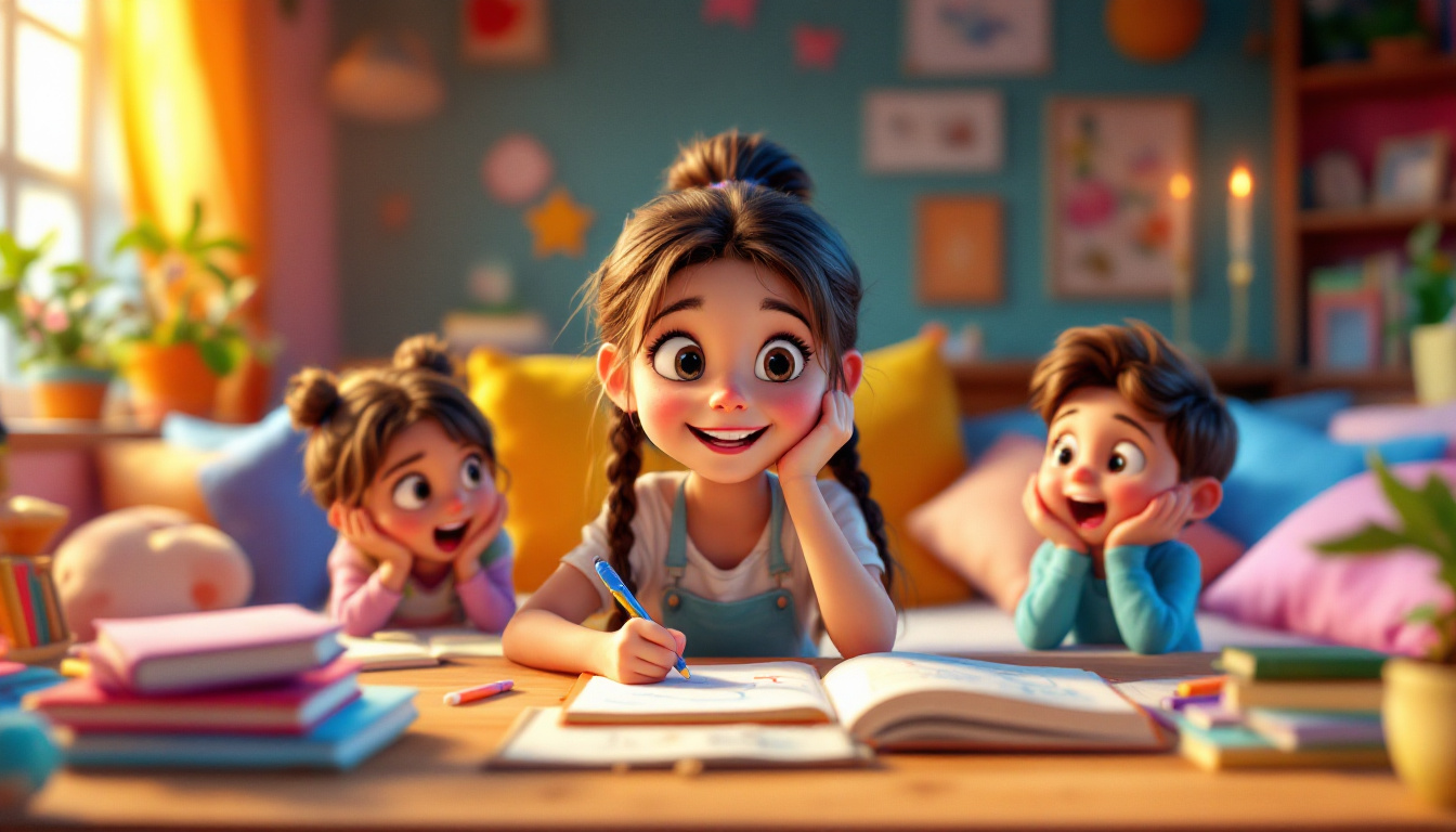 A young girl named Lara, sitting at her colorful desk, writing in a notebook, surrounded by books and drawings, with her friends listening excitedly in a cozy room with soft pillows and warm lighting, genre: children's everyday adventure.