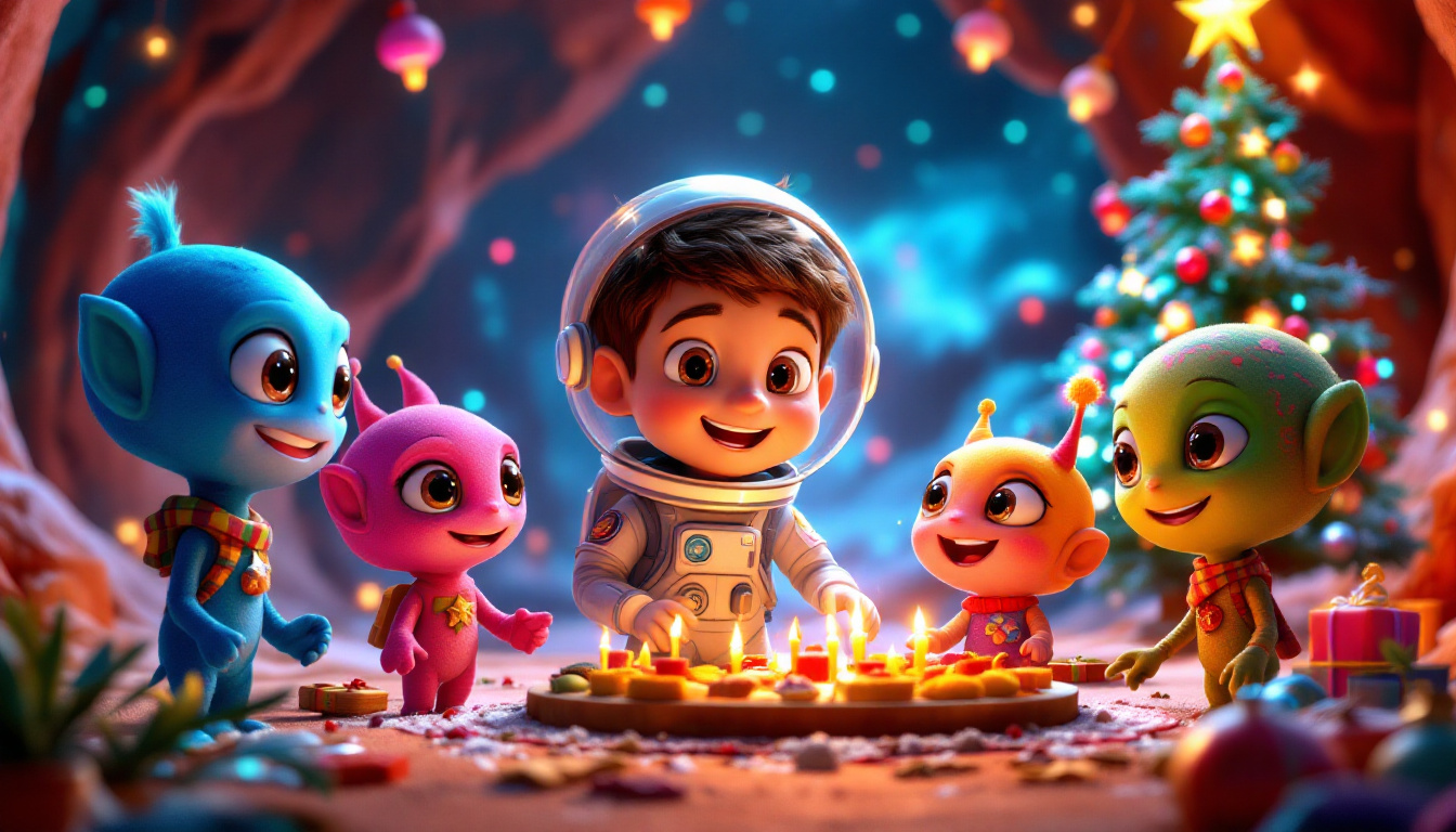 A young astronaut named Alex Allstern and his colorful alien friends celebrating an intergalactic Christmas party on Mars, with a glowing Christmas tree and vibrant decorations, joyful atmosphere, fun and friendship.