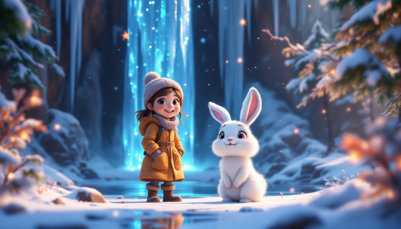 A young adventurous girl named Lea Lichtpfad, in warm winter clothes, standing joyfully with a small snow hare named Finn, under a sparkling icy waterfall in a snowy forest, with a magical, festive atmosphere around them, adventure and holiday theme.