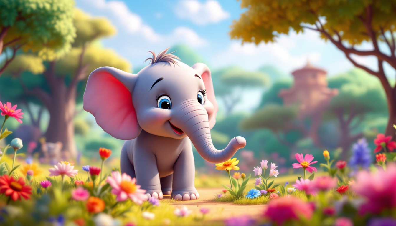 A cheerful elephant named Ella in a vibrant savanna, surrounded by colorful flowers and trees, remembering happy moments with her herd, joyful and loving atmosphere, children's story