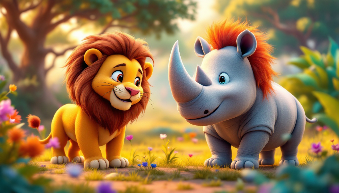 A colorful savanna with Nora the rhinoceros showing her beautiful horn, helping Leo the lion, in an adventurous and friendly atmosphere, children's story illustration.