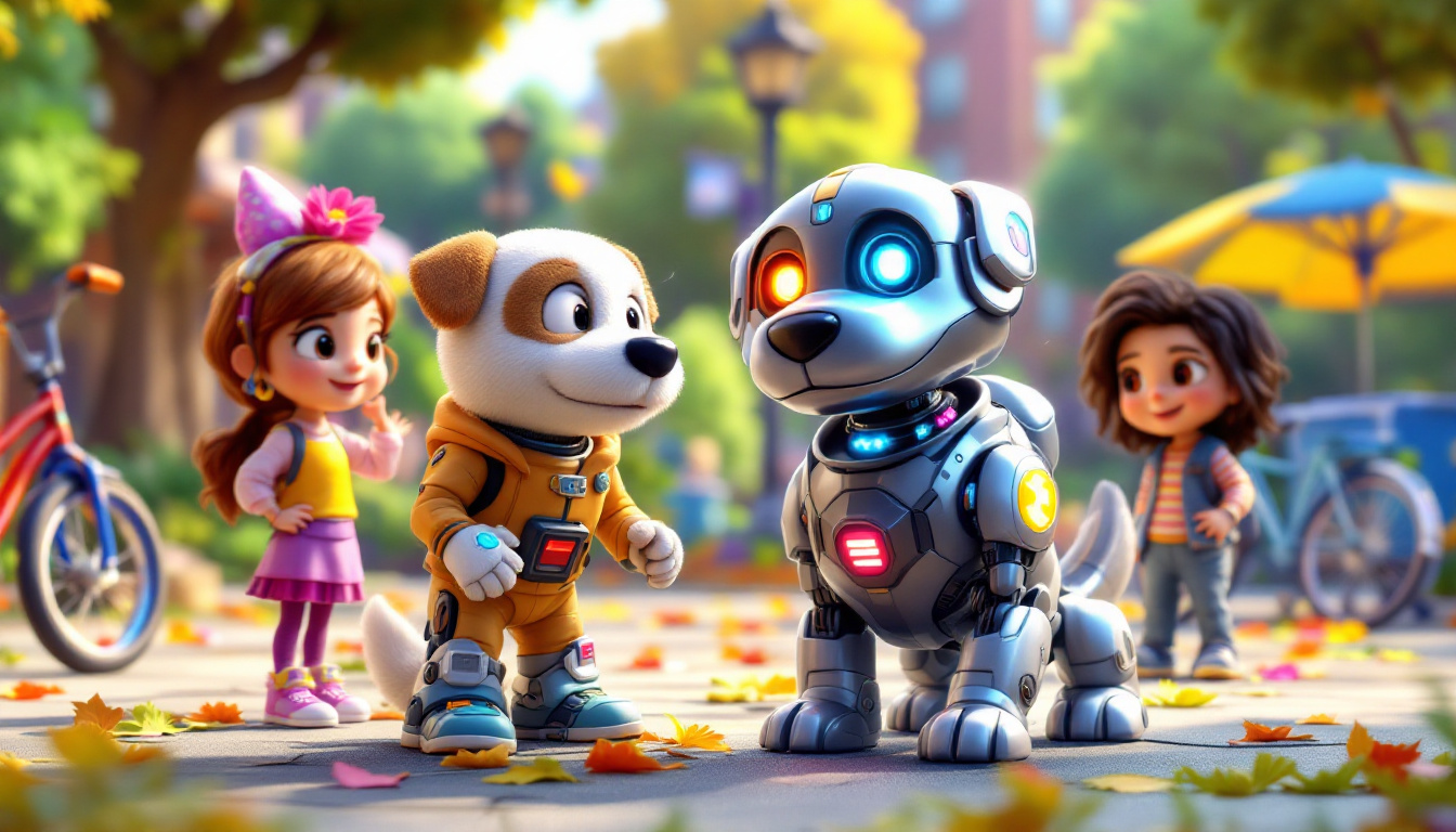 A friendly robot dog named Rex with shiny metal fur and colored LED eyes, accidentally activating a super magnet in a park, causing various metal objects like bicycles and trash cans to stick to him. His friends Emma and Leo, inventors, are building an Anti-Magnet Machine. The scene is colorful and humorous, in a futuristic city setting.