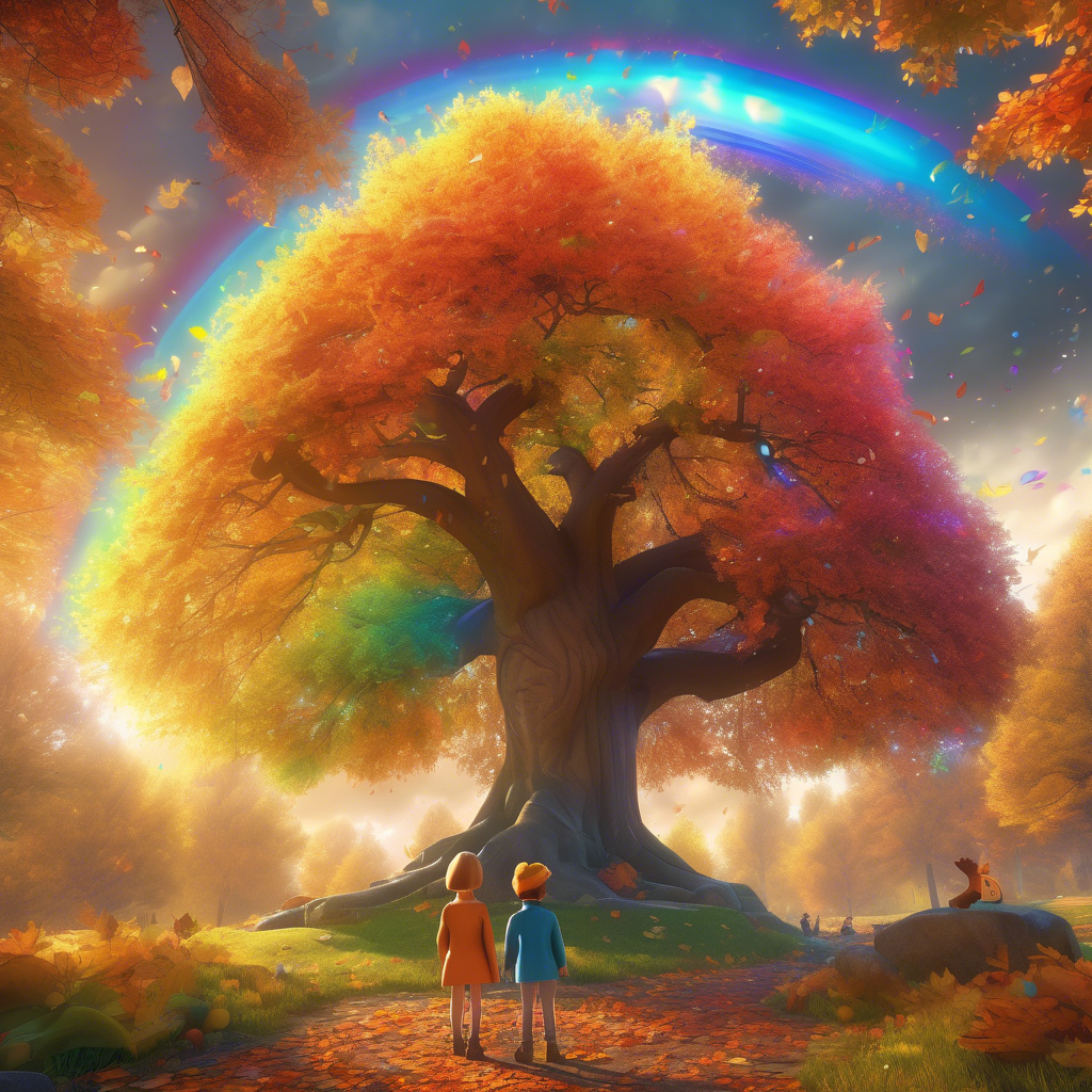 A magical autumn forest with two children, a boy and a girl, standing in awe before a majestic tree with rainbow-colored leaves. The tree is whispering, and leaves are floating around them, creating a scene of wonder and adventure. The genre is children's fantasy adventure.