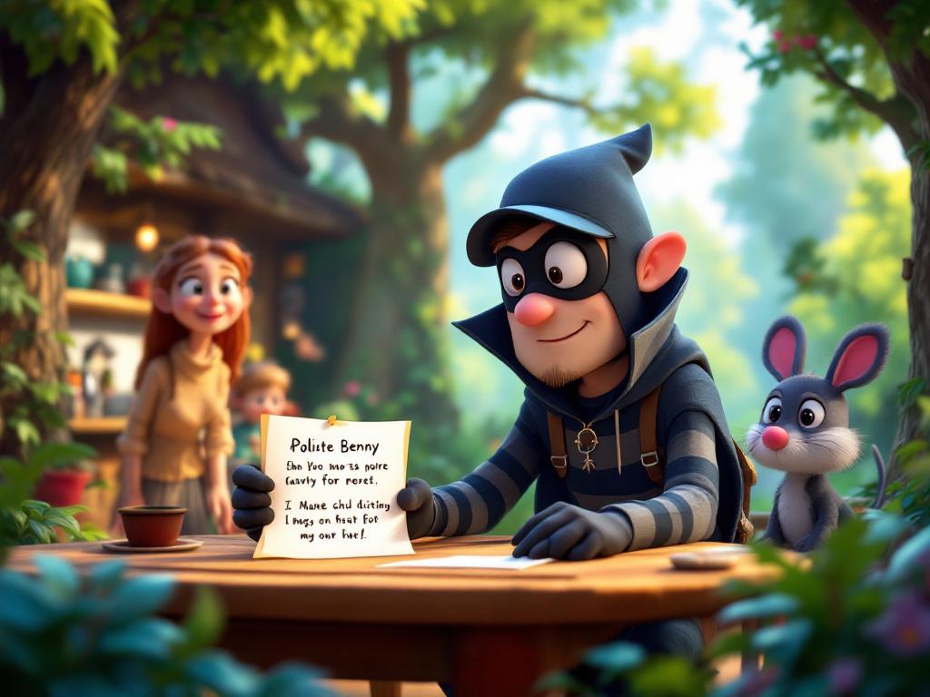 A polite robber named Benny in a forest village, leaving an apology note on a kitchen table, with a confused family and a clever detective in the background, cartoon style, children's story genre3D, high resolution, set in a magical story world, with a detail-rich, colorful background.