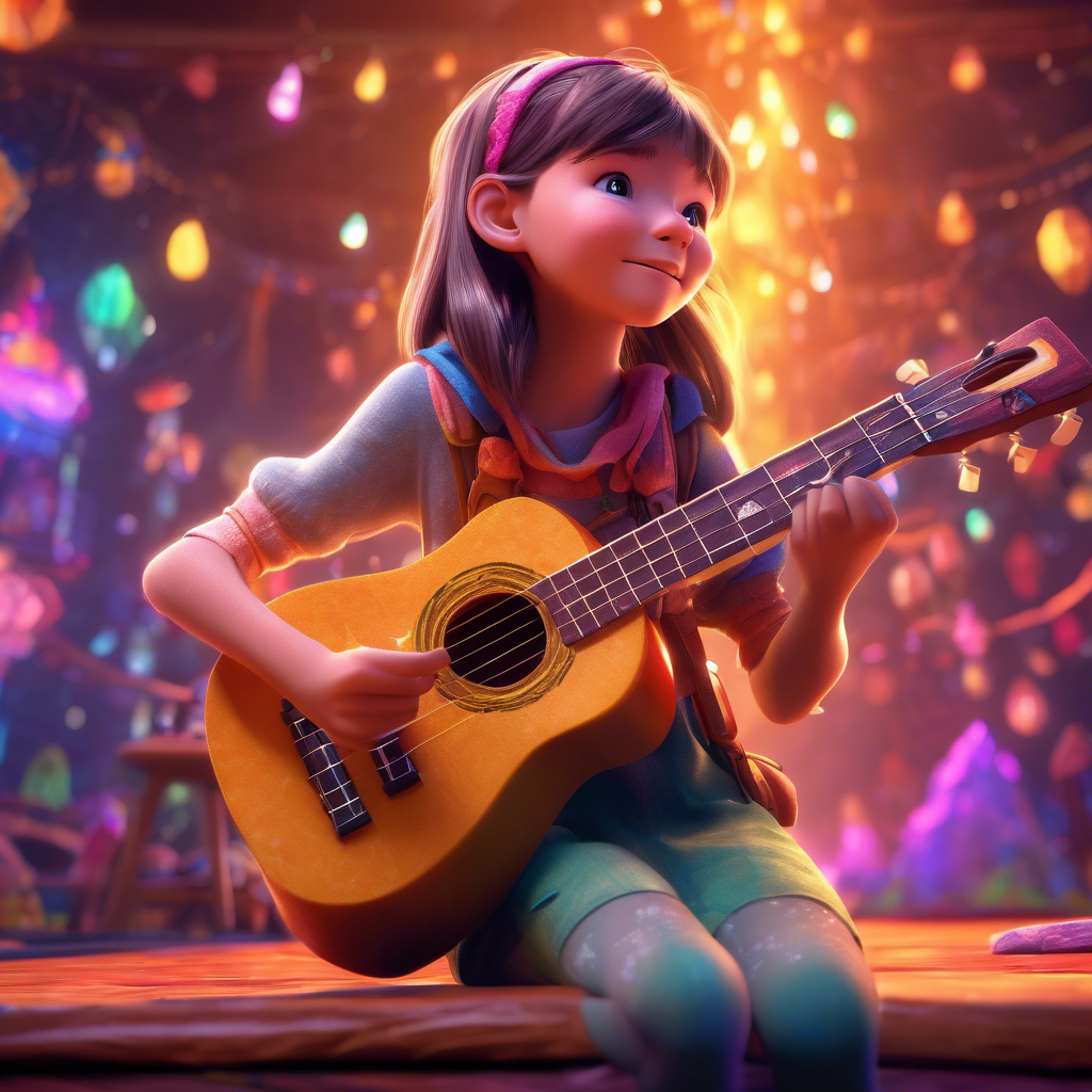 A young girl with a guitar, surprised as a string breaks, then confidently playing a colorful ukulele on stage, surrounded by a magical glow, adventure and explorer genre, vibrant and enchanting atmosphere