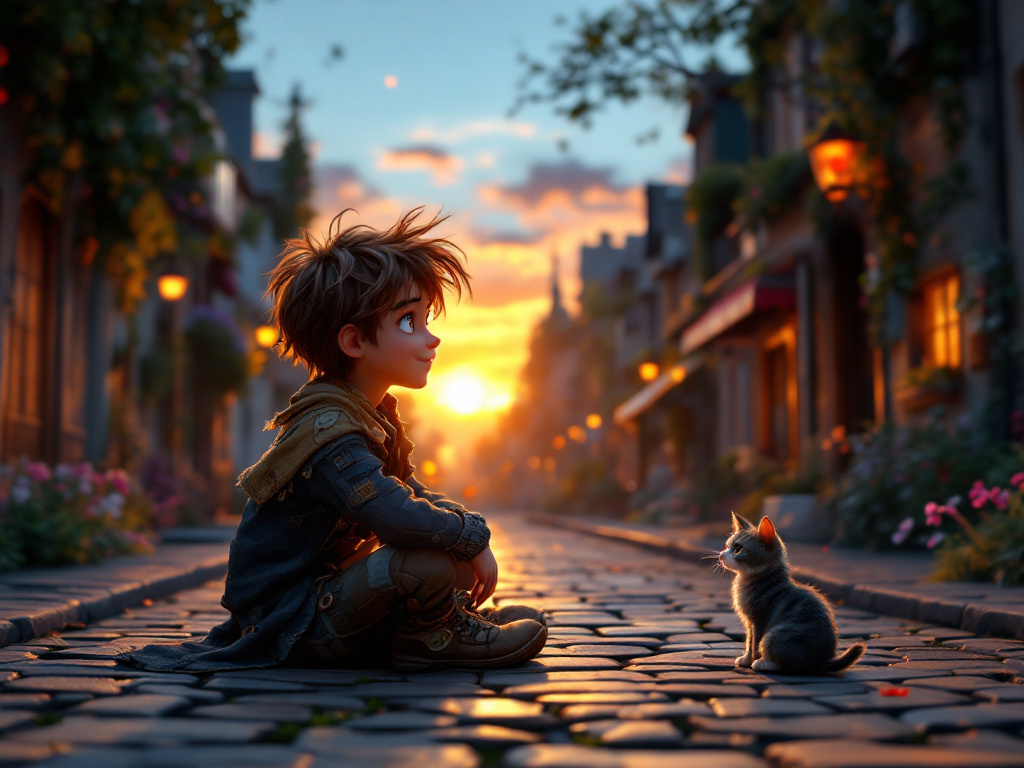A young boy with messy brown hair and patched clothes sitting on a cobblestone street with a stray cat, in a heartwarming urban fantasy style at sunset with warm lighting and magical glow.3D, high resolution, set in a magical story world, with a detail-rich, colorful background.