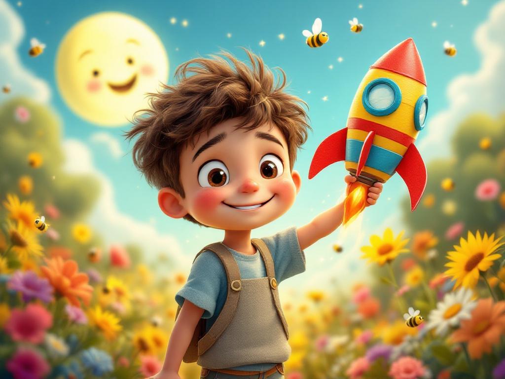 A cheerful young boy named Carl with bright eyes and a determined smile, proudly holding a colorful handmade rocket made from cardboard tubes and paper wings in a sunny garden filled with flowers and buzzing bees; the rocket is launching into a starry sky with a moon smiling in the background; style: vibrant and whimsical children's illustration with soft colors and playful details3D, high resolution, set in a magical story world, with a detail-rich, colorful background.