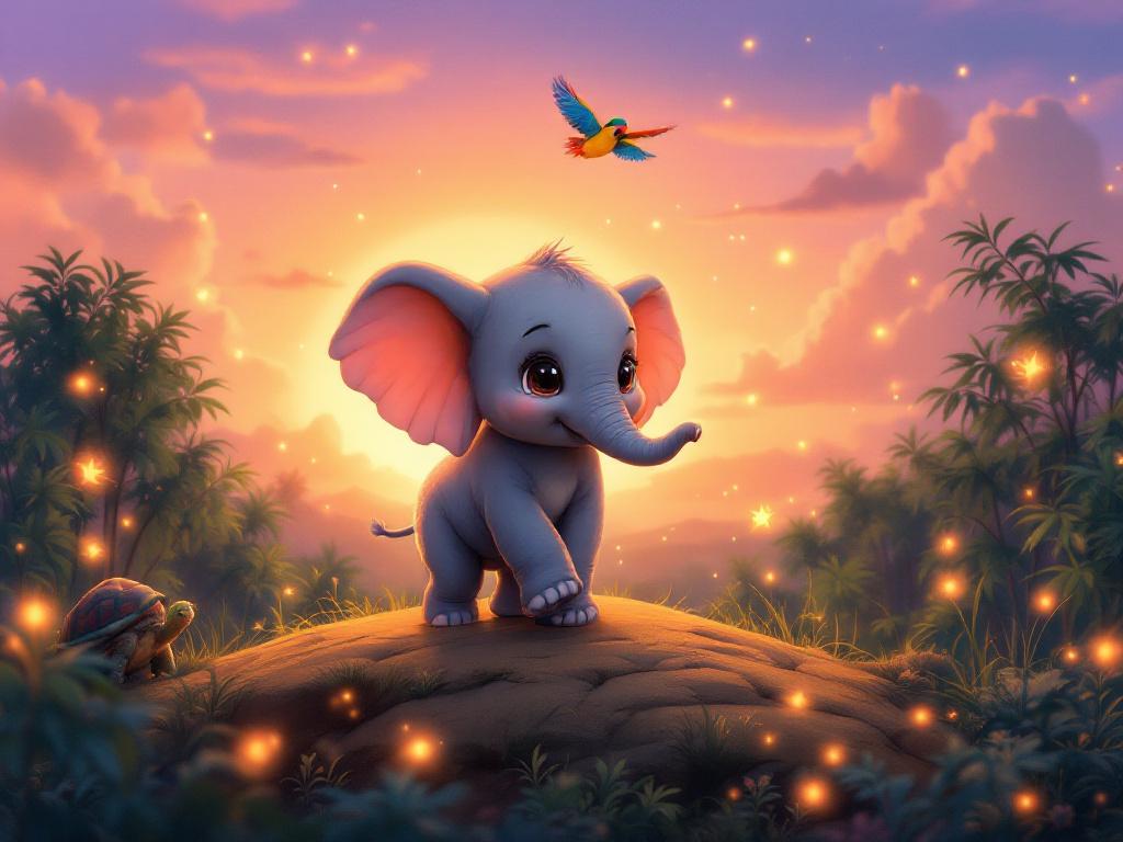 A cute young baby elephant named Slon with big curious eyes walking on a hilltop during golden hour sunset, surrounded by glowing fireflies, a colorful parrot flying above, and a wise old turtle nearby. Purple, orange and pink sky with fluffy clouds. Children's book illustration style, soft pastel colors, magical atmosphere, detailed Savannah landscape with bamboo forest in background, warm lighting, whimsical and gentle mood suitable for 5-year-old bedtime story3D, high resolution, set in a magical story world, with a detail-rich, colorful background.
