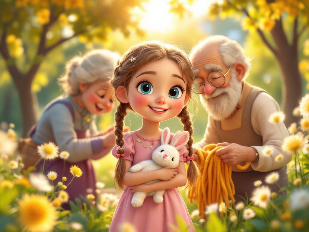 A little girl named Sveta with two braids and blue eyes, wearing a pink dress, holding a stuffed bunny, standing in a sunny park with trees and flowers, helping an old grandmother weave dandelions into yarn, cartoon style, warm colors, full of light and joy.3D, high resolution, set in a magical story world, with a detail-rich, colorful background.