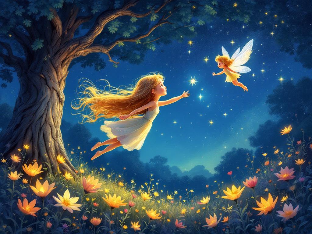 A little girl with long golden hair flies with a tiny fairy over a magical garden at night, glowing flowers and a large oak tree, starlit sky, illustration for a children's bedtime story, soft colors and magical atmosphere.3D, high resolution, set in a magical story world, with a detail-rich, colorful background.